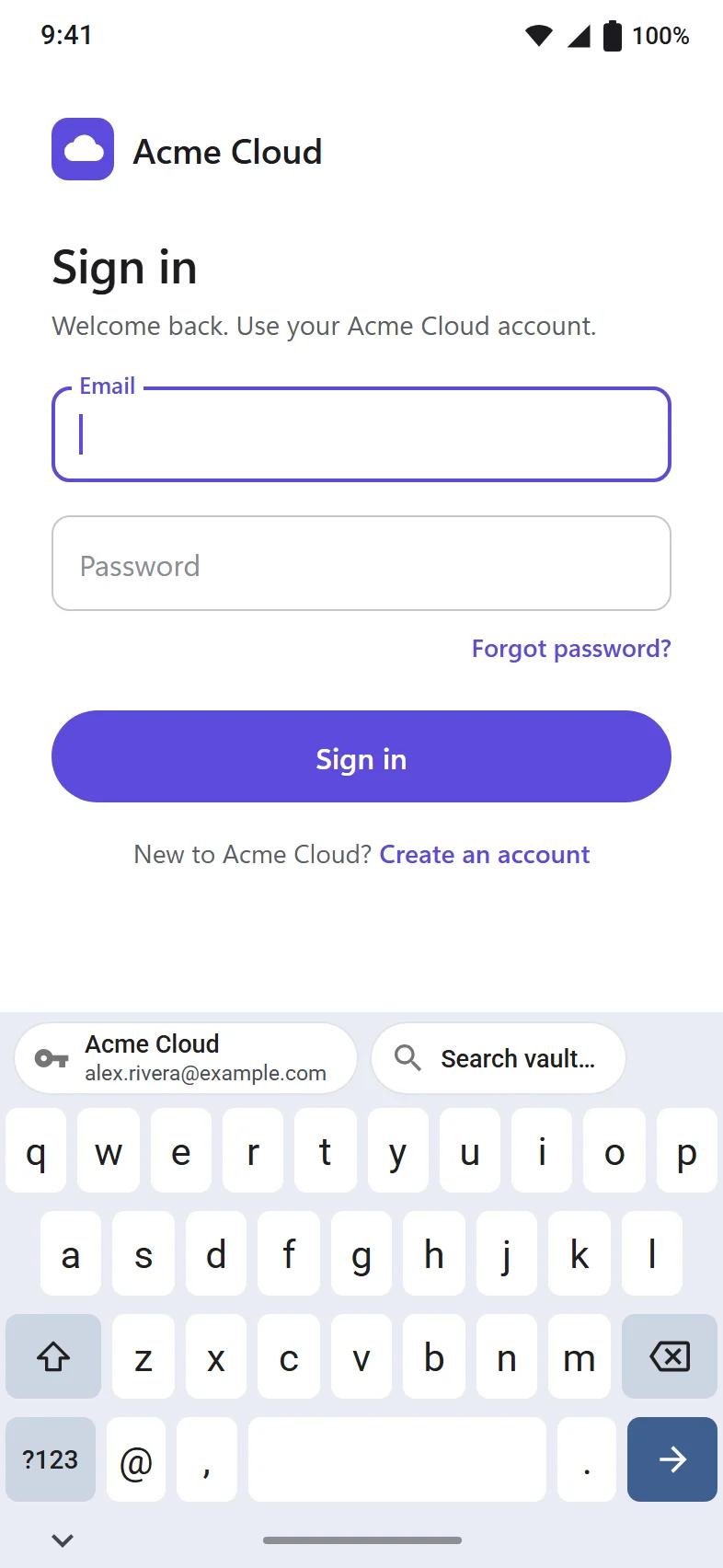 Android autofill: a sign-in screen with a Passyble login suggestion shown on the keyboard (demo data).