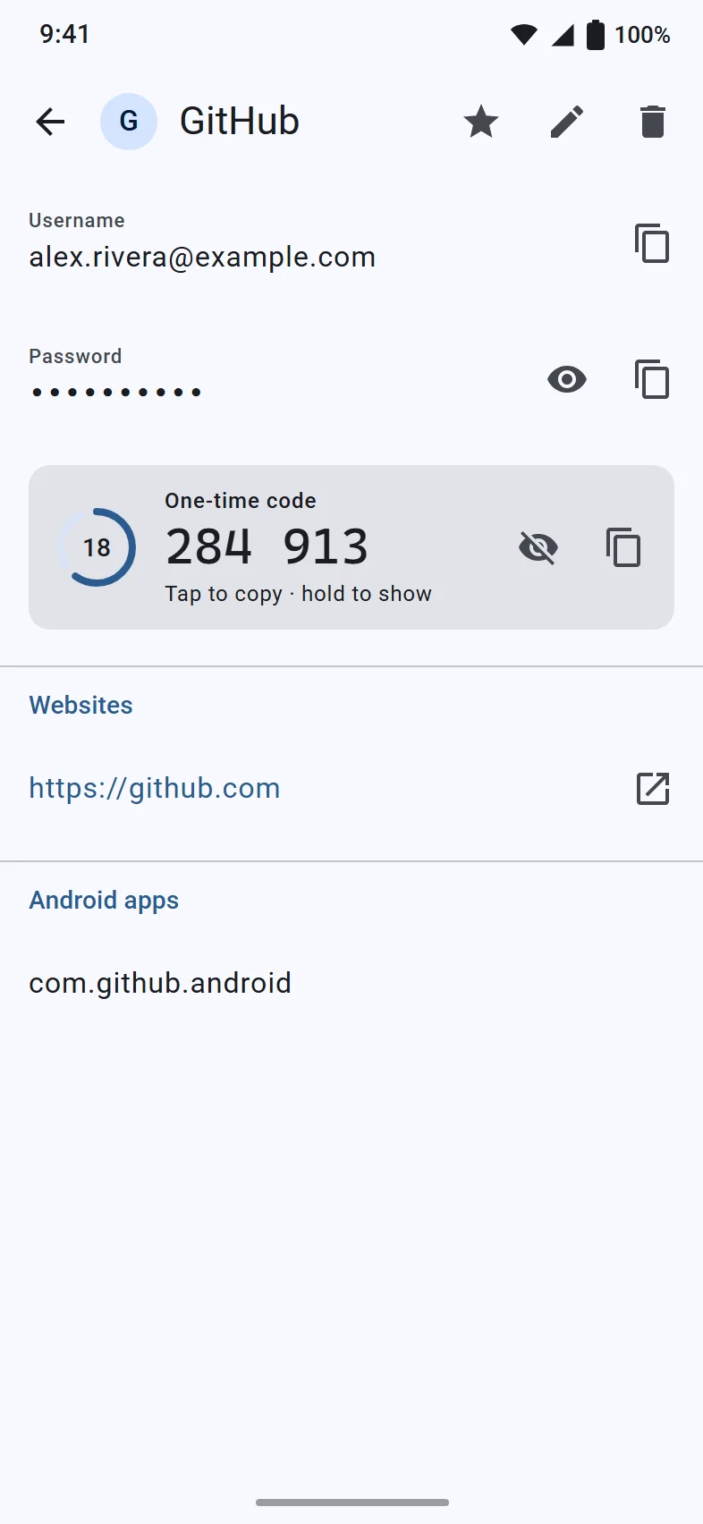 A GitHub login on Android with username, hidden password and a one-time code with its countdown ring (demo data).