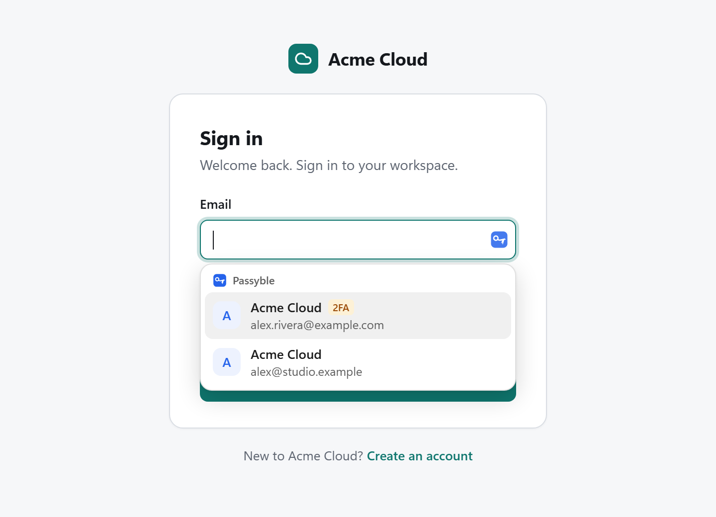 A sign-in page with the Passyble inline menu open under the email field, offering two saved logins for the site (demo data).