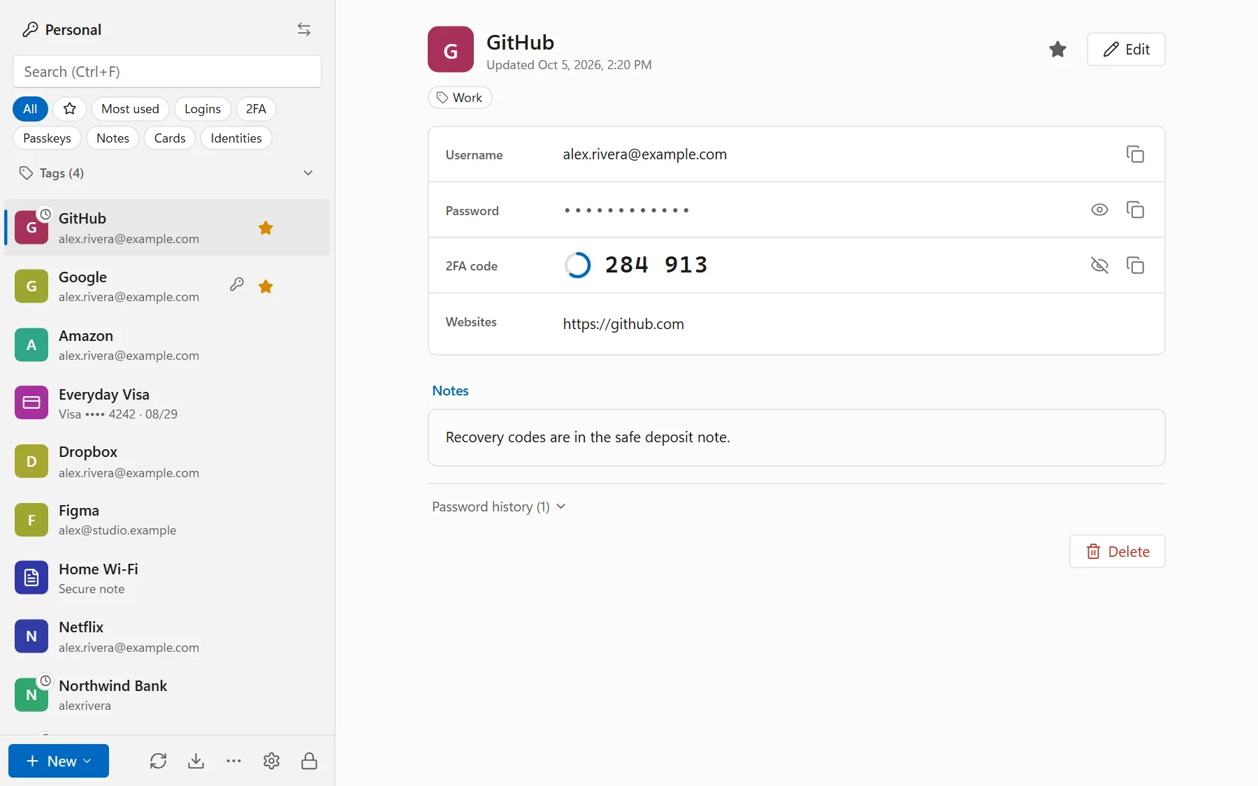 The Passyble app for Windows: the vault list on the left, and a GitHub login open on the right with its username, hidden password and a live 2FA code (demo data).